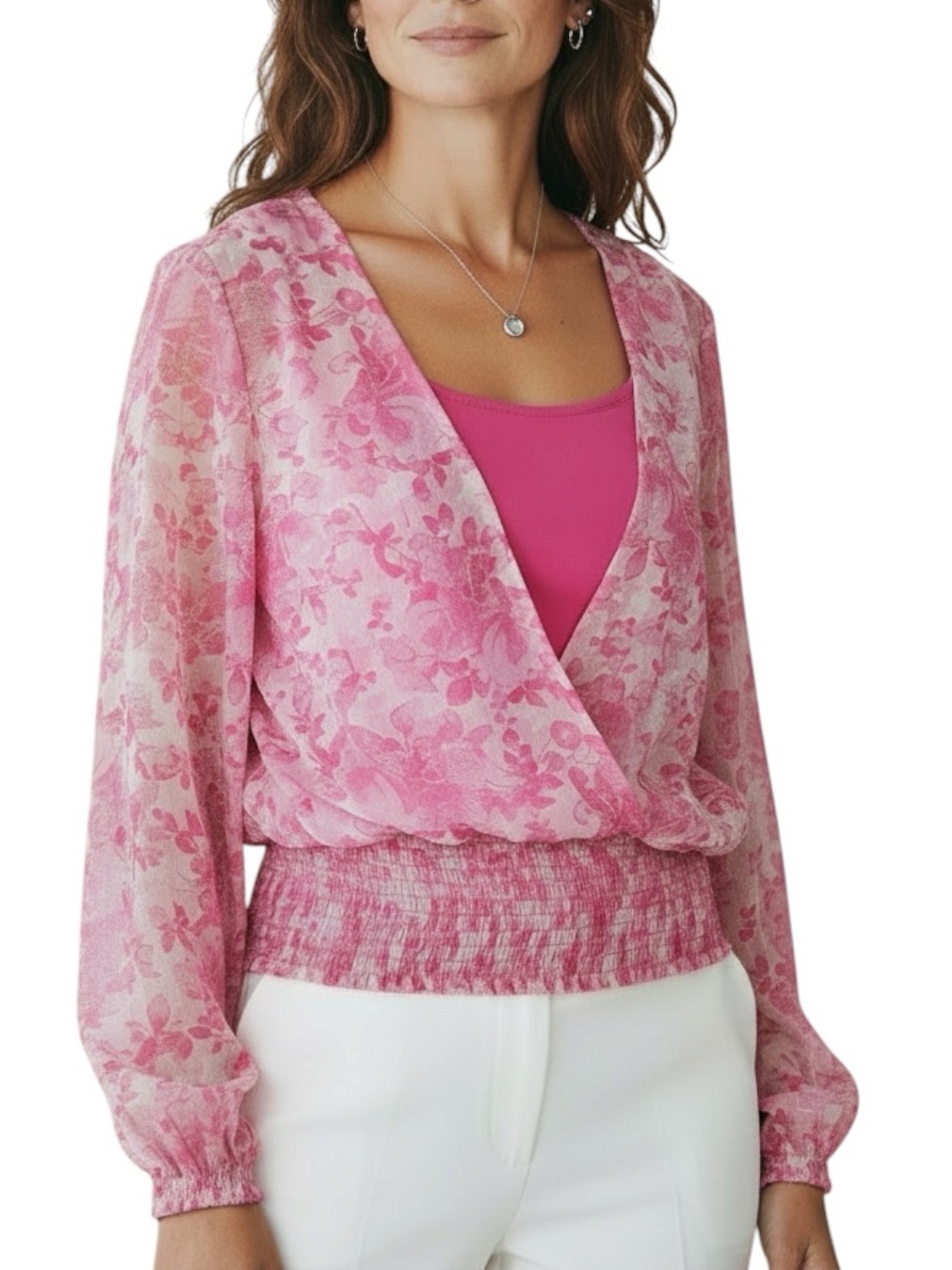 NWT CECE Pink Shimmer Floral Sheer Long Sleeve Elastic Hem Blouse Size X-Large